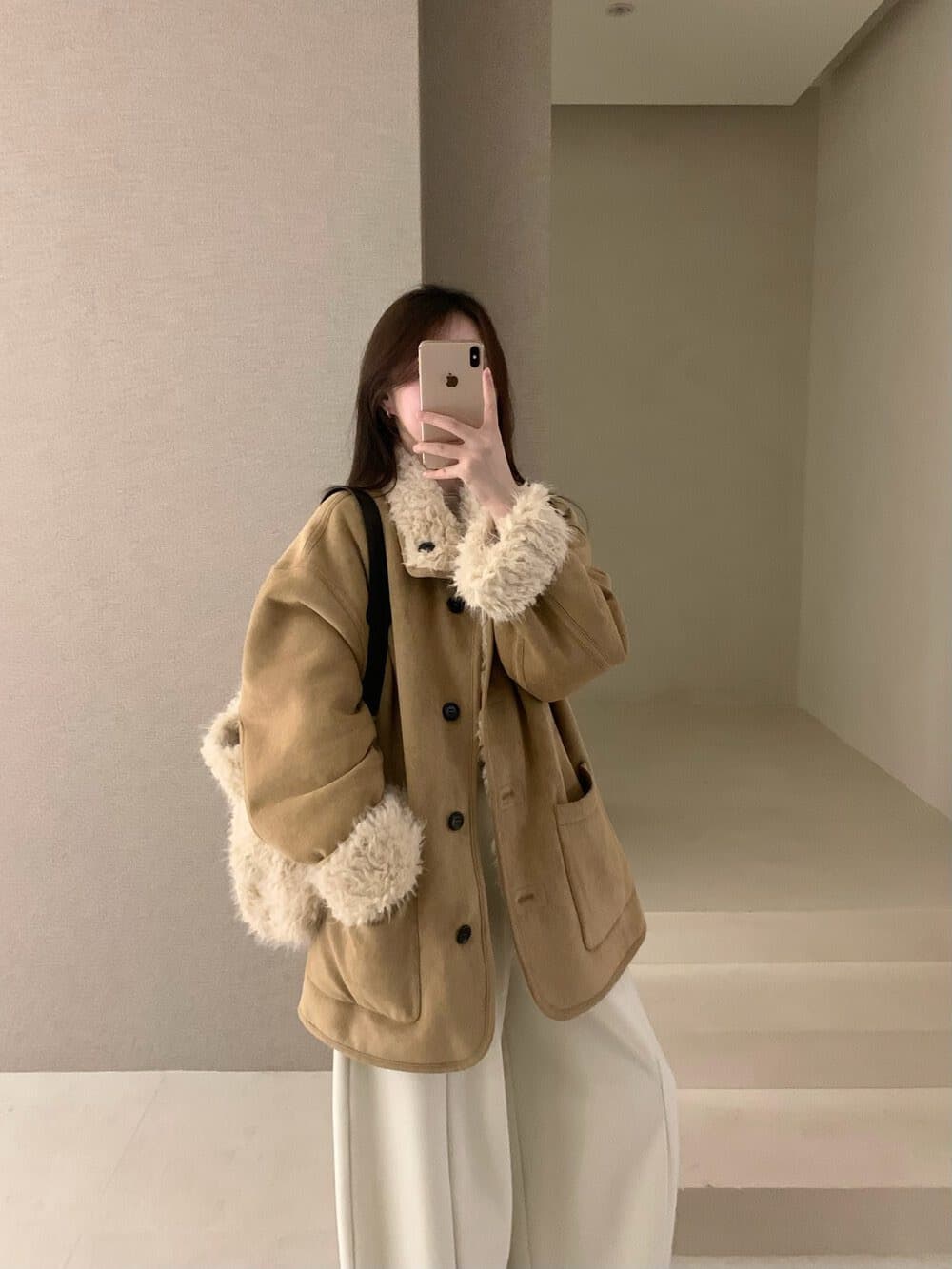 2025 겨울 섹션 한국 스타일 레트로 폴로 칼라 피모 하나 양털 보온 스웨이드 원단 재킷 경기 가방 상세 이미지 6