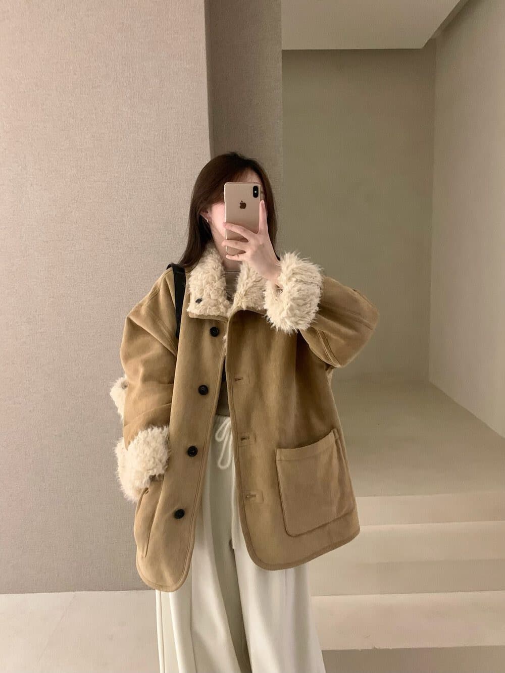 2025 겨울 섹션 한국 스타일 레트로 폴로 칼라 피모 하나 양털 보온 스웨이드 원단 재킷 경기 가방 상세 이미지 8