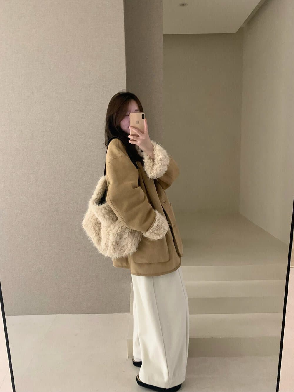 2025 겨울 섹션 한국 스타일 레트로 폴로 칼라 피모 하나 양털 보온 스웨이드 원단 재킷 경기 가방 상세 이미지 10