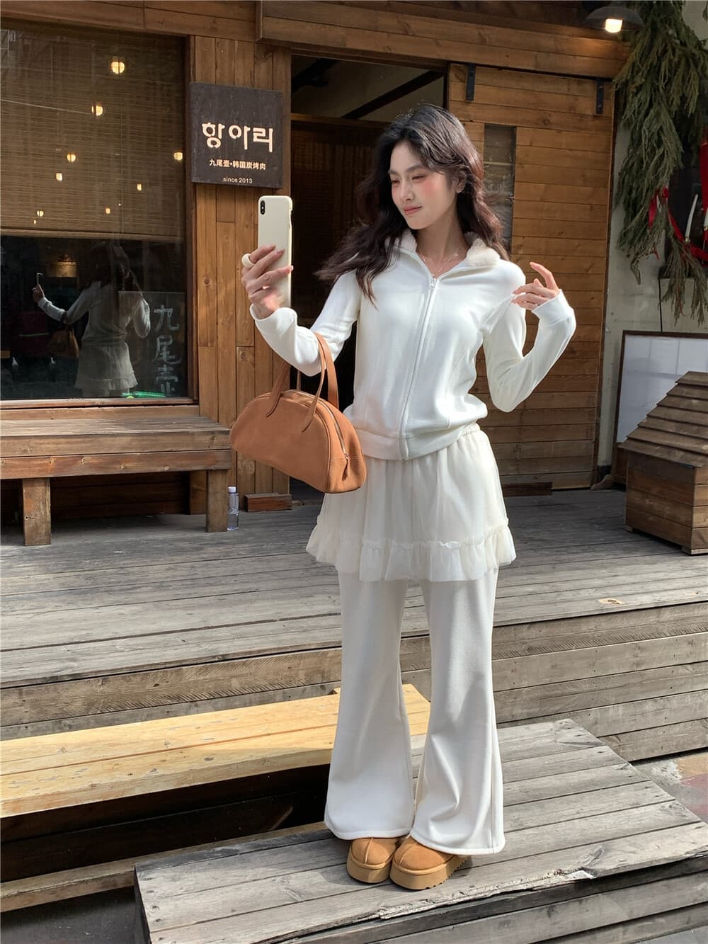 판매하다 폭발 라 느긋한 고급 디자인 센스 망사 랩스커트팬츠 부츠컷 털이 있는 캐주얼 바지 상세 이미지 8