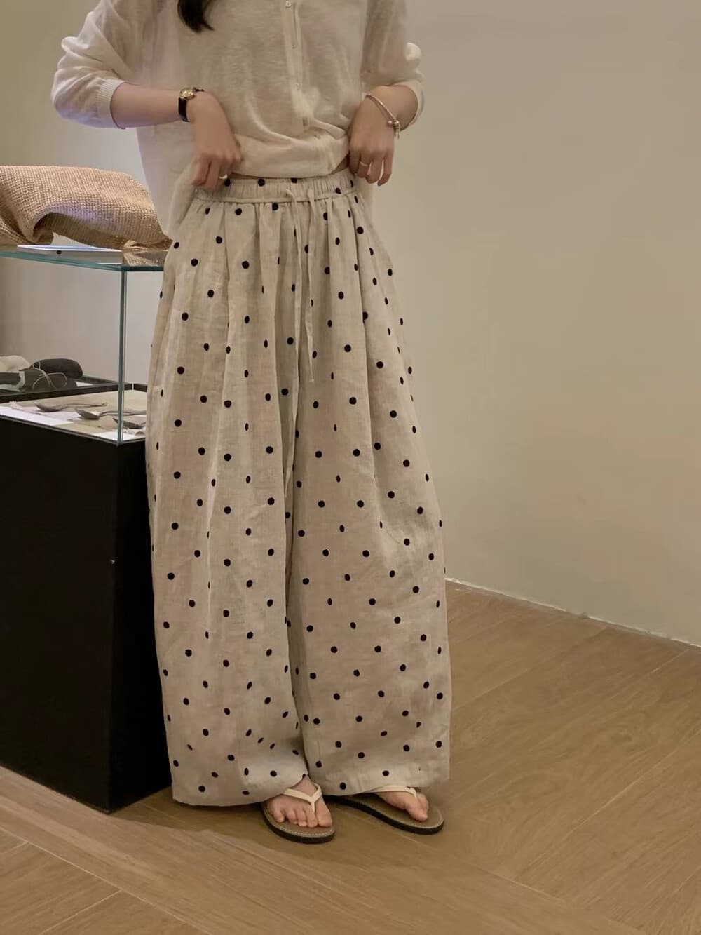 26 여름 켜기 새로운 폭발 레트로 도트 무늬 면 린넨 와이드 레그 팬츠 허리밴드 펌프 로프 도루 센스 통기성 느긋한 바람 캐주얼 바지 상세 이미지 6