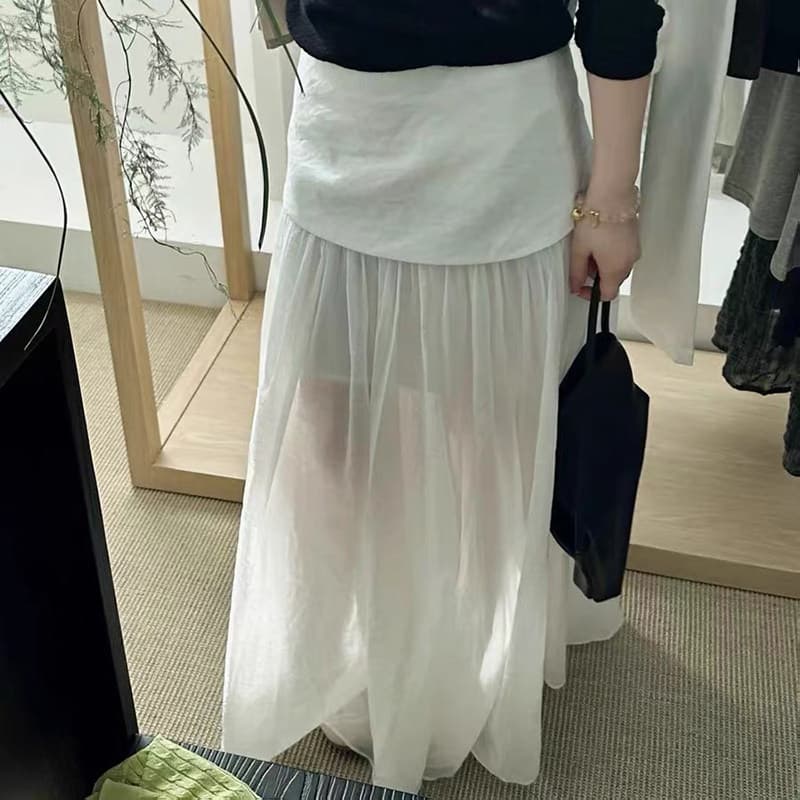 한 부서 미니멀리즘 2026 봄 여름 새로운 빛 산소 고급 센스 도루 가을 센스 망사 이중층 마이크로 ~을 통해 롱 코트 반신 스커트 상세 이미지 2