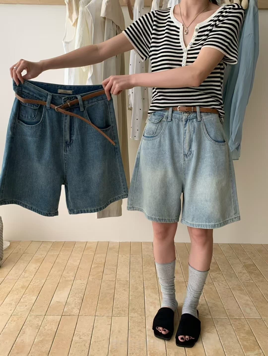 실사 여름 켜기 새로운 느슨함 센스 디스플레이 얇고 작은 힙색 디자인 센스 전체 Chic 5 점 스트레이트 팬츠 청바지 상세 이미지 9