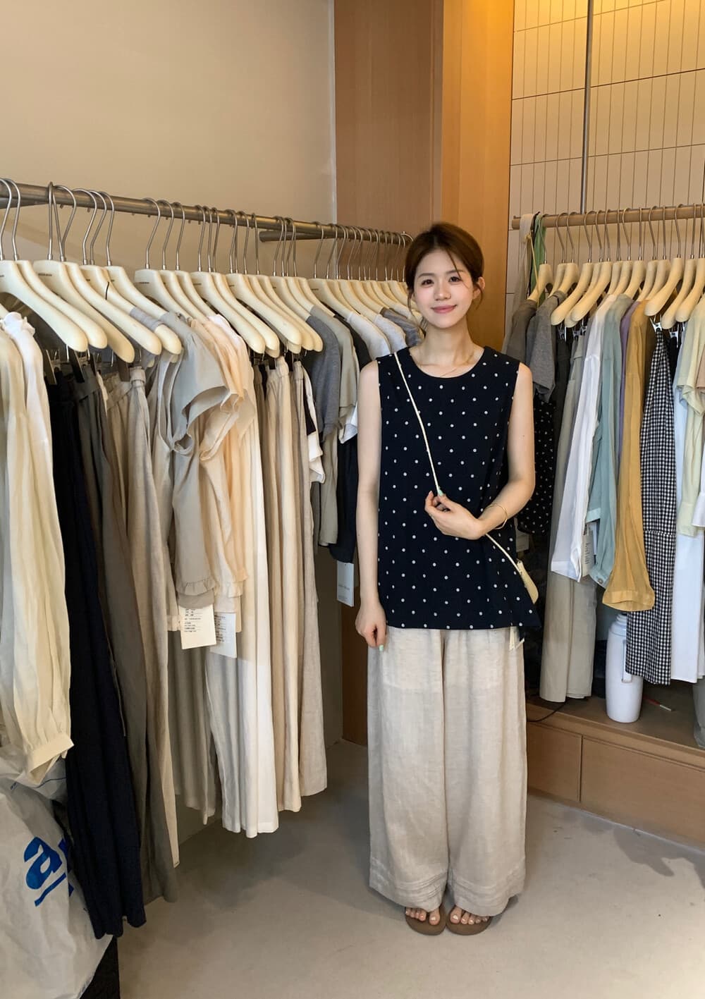 짜임 패키지 아마 도트 무늬 조끼 스커트 켜기 새로운 한 부서 도트 무늬 라운드 넥 뒤로 버튼 조끼 경기 가방 상세 이미지 3