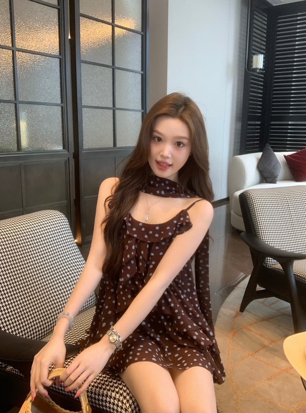 여름 켜기 새로운 느긋한 와 성별 블루 커피 포인트 꽃무늬 도트 무늬 불규칙 프릴 슬립 맨위 조끼 경기 리본 상세 이미지 3