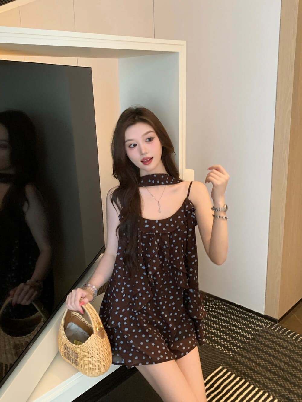 여름 켜기 새로운 느긋한 와 성별 블루 커피 포인트 꽃무늬 도트 무늬 불규칙 프릴 슬립 맨위 조끼 경기 리본 상세 이미지 6