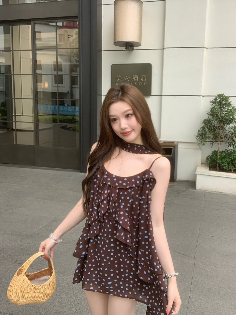 여름 켜기 새로운 느긋한 와 성별 블루 커피 포인트 꽃무늬 도트 무늬 불규칙 프릴 슬립 맨위 조끼 경기 리본 상세 이미지 7