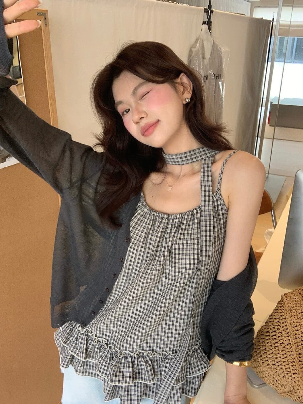 소녀 특별 조정 26 여름 켜기 새로운 슬립 체크무늬 리본 이중층 연꽃 잎 조끼 경기 리본 상세 이미지 2