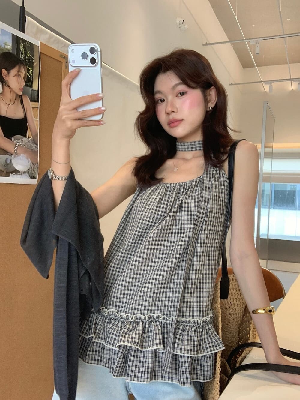 소녀 특별 조정 26 여름 켜기 새로운 슬립 체크무늬 리본 이중층 연꽃 잎 조끼 경기 리본 상세 이미지 4