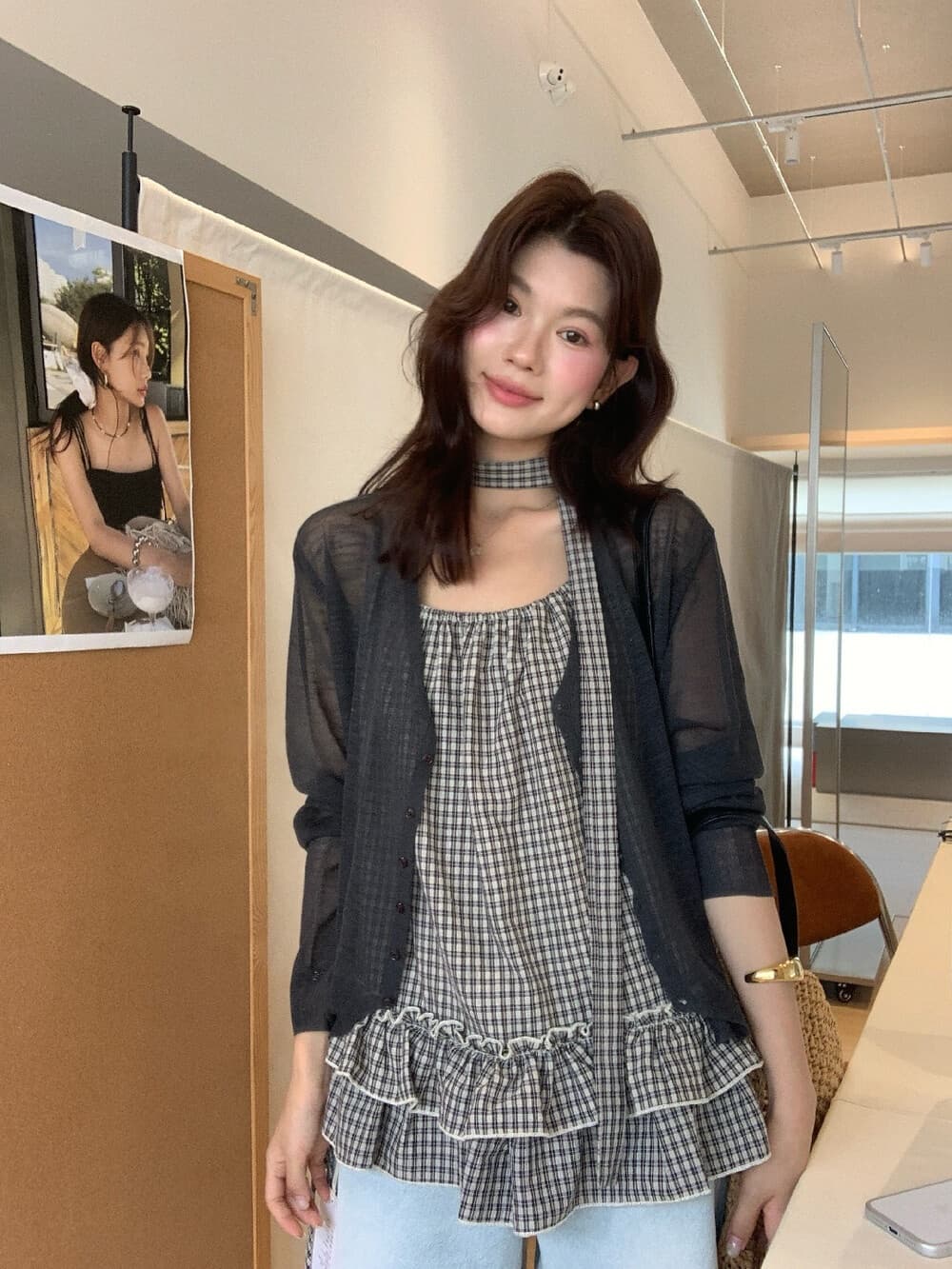 소녀 특별 조정 26 여름 켜기 새로운 슬립 체크무늬 리본 이중층 연꽃 잎 조끼 경기 리본 상세 이미지 5