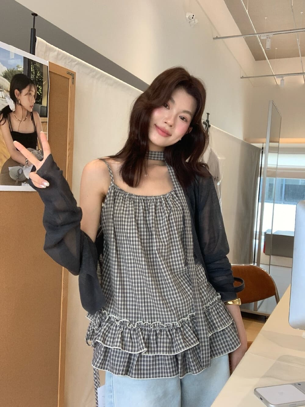 소녀 특별 조정 26 여름 켜기 새로운 슬립 체크무늬 리본 이중층 연꽃 잎 조끼 경기 리본 상세 이미지 7
