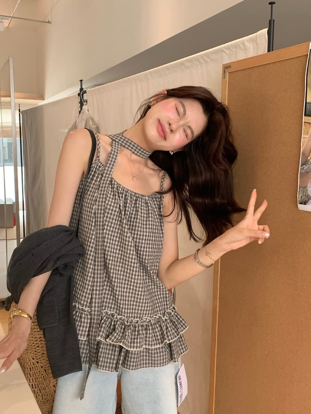 소녀 특별 조정 26 여름 켜기 새로운 슬립 체크무늬 리본 이중층 연꽃 잎 조끼 경기 리본 상세 이미지 15