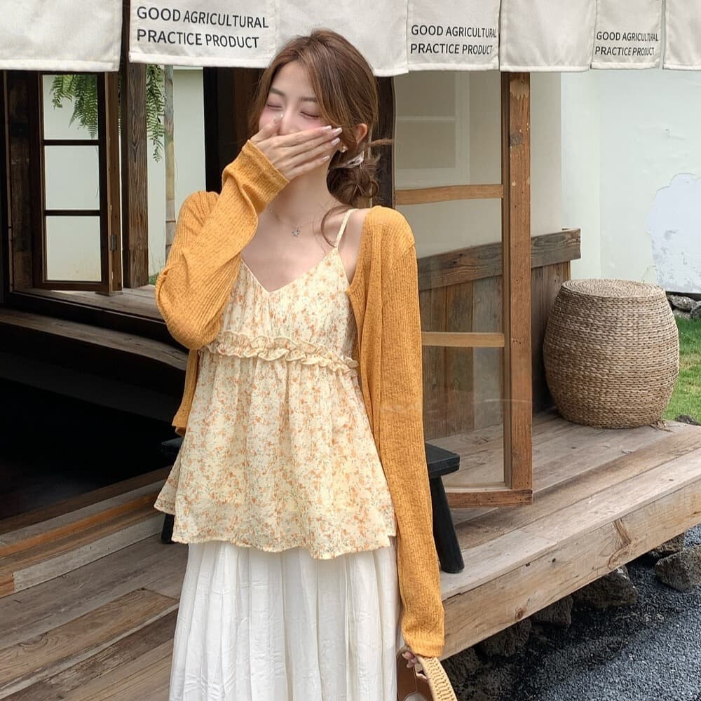 26 여름 켜기 새로운 여름 필수 꽃무늬 슬립 루즈핏 자외선 차단 니트 오픈 가디건 투피스 세트 세트 이미지 6