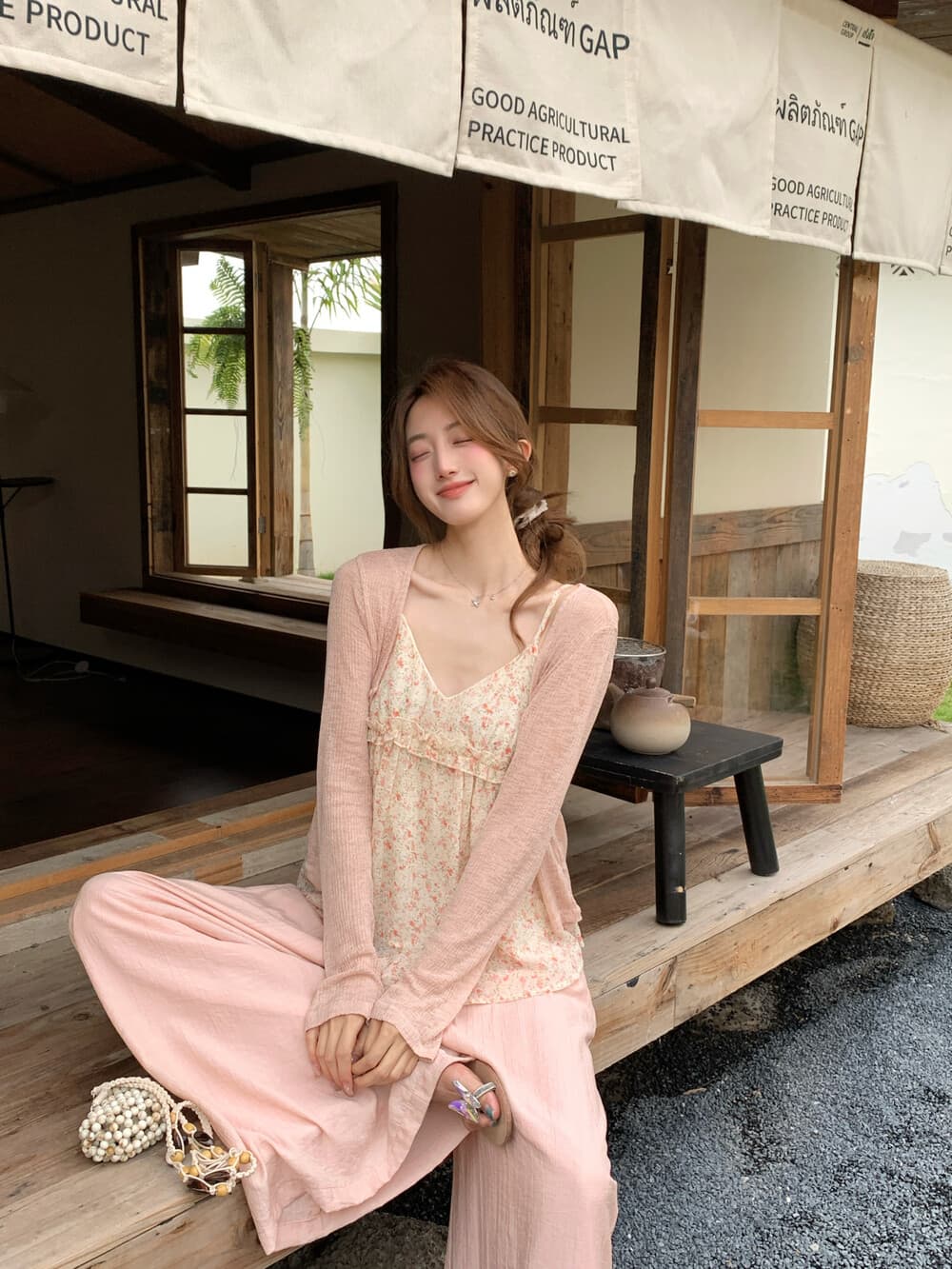26 여름 켜기 새로운 여름 필수 꽃무늬 슬립 루즈핏 자외선 차단 니트 오픈 가디건 투피스 세트 세트 상세 이미지 1
