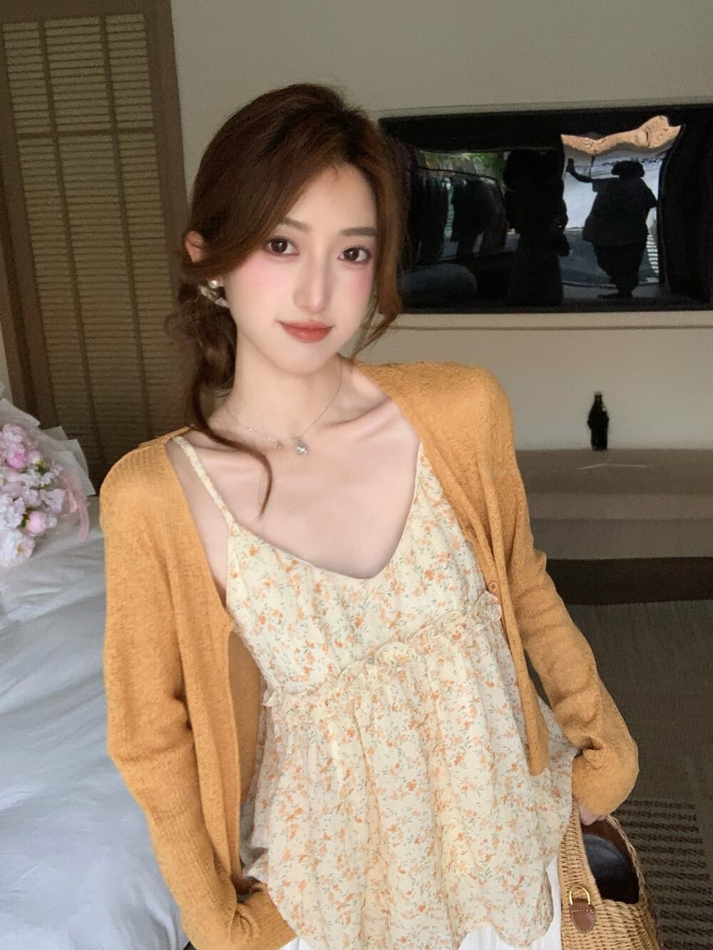 26 여름 켜기 새로운 여름 필수 꽃무늬 슬립 루즈핏 자외선 차단 니트 오픈 가디건 투피스 세트 세트 상세 이미지 2