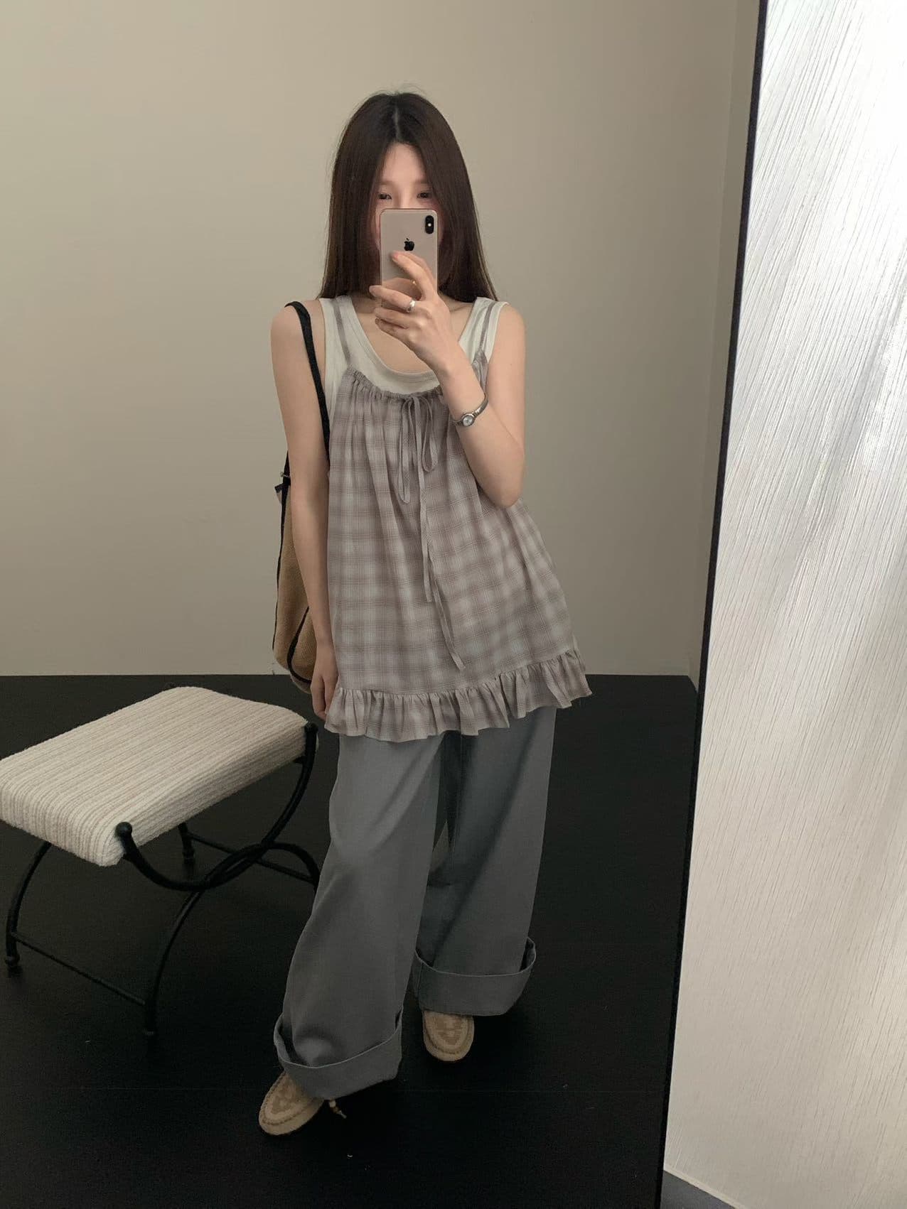 실사 26 여름 켜기 새로운 체크무늬 스택 착용 레이스 캐미솔 기초 섹션 투피스 조끼 세트 상세 이미지 4