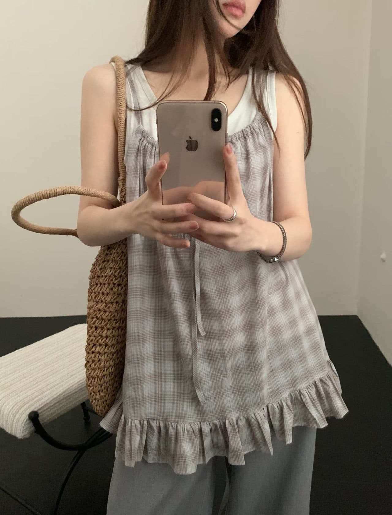 실사 26 여름 켜기 새로운 체크무늬 스택 착용 레이스 캐미솔 기초 섹션 투피스 조끼 세트 상세 이미지 8