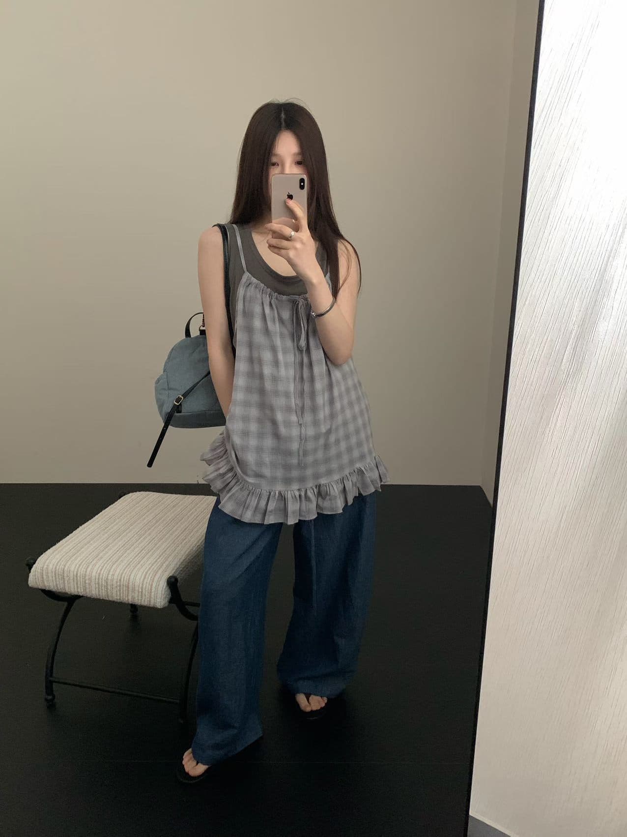 실사 26 여름 켜기 새로운 체크무늬 스택 착용 레이스 캐미솔 기초 섹션 투피스 조끼 세트 상세 이미지 14