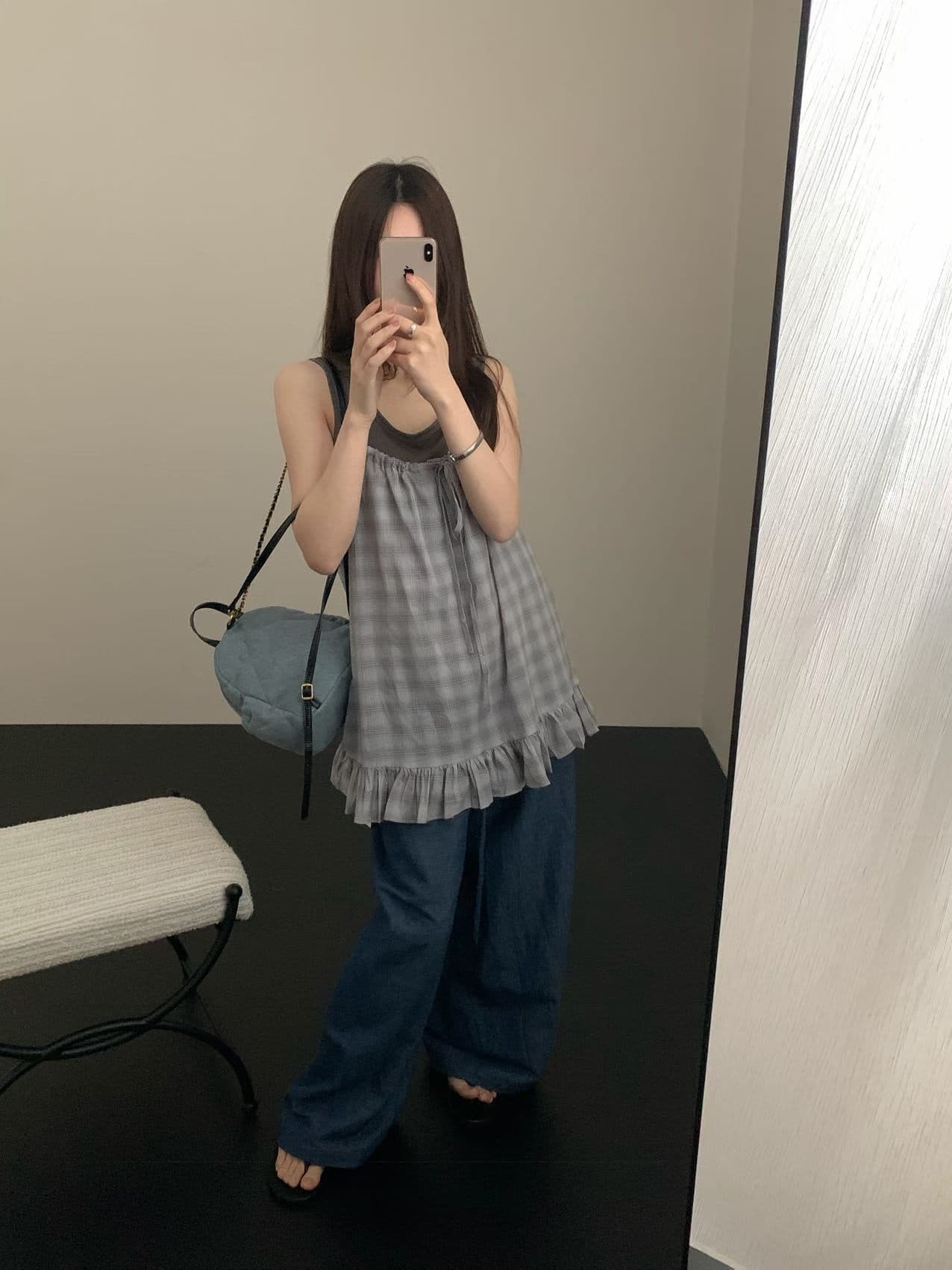 실사 26 여름 켜기 새로운 체크무늬 스택 착용 레이스 캐미솔 기초 섹션 투피스 조끼 세트 상세 이미지 17
