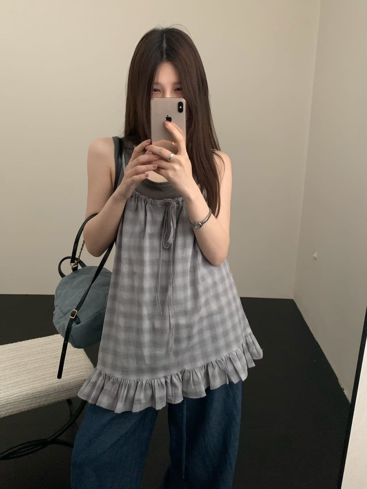 실사 26 여름 켜기 새로운 체크무늬 스택 착용 레이스 캐미솔 기초 섹션 투피스 조끼 세트 상세 이미지 18