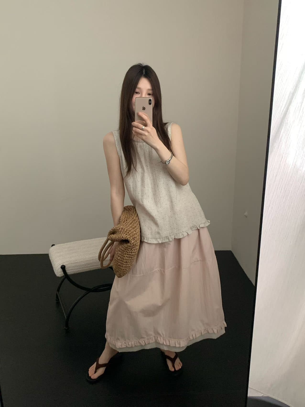 실사 2026 여름 켜기 새로운 다용도 한 부서 출퇴근 바람 미니멀리즘 한 부서 프릴 참나무 늑골 하이웨이스트 반 스커트 상세 이미지 10