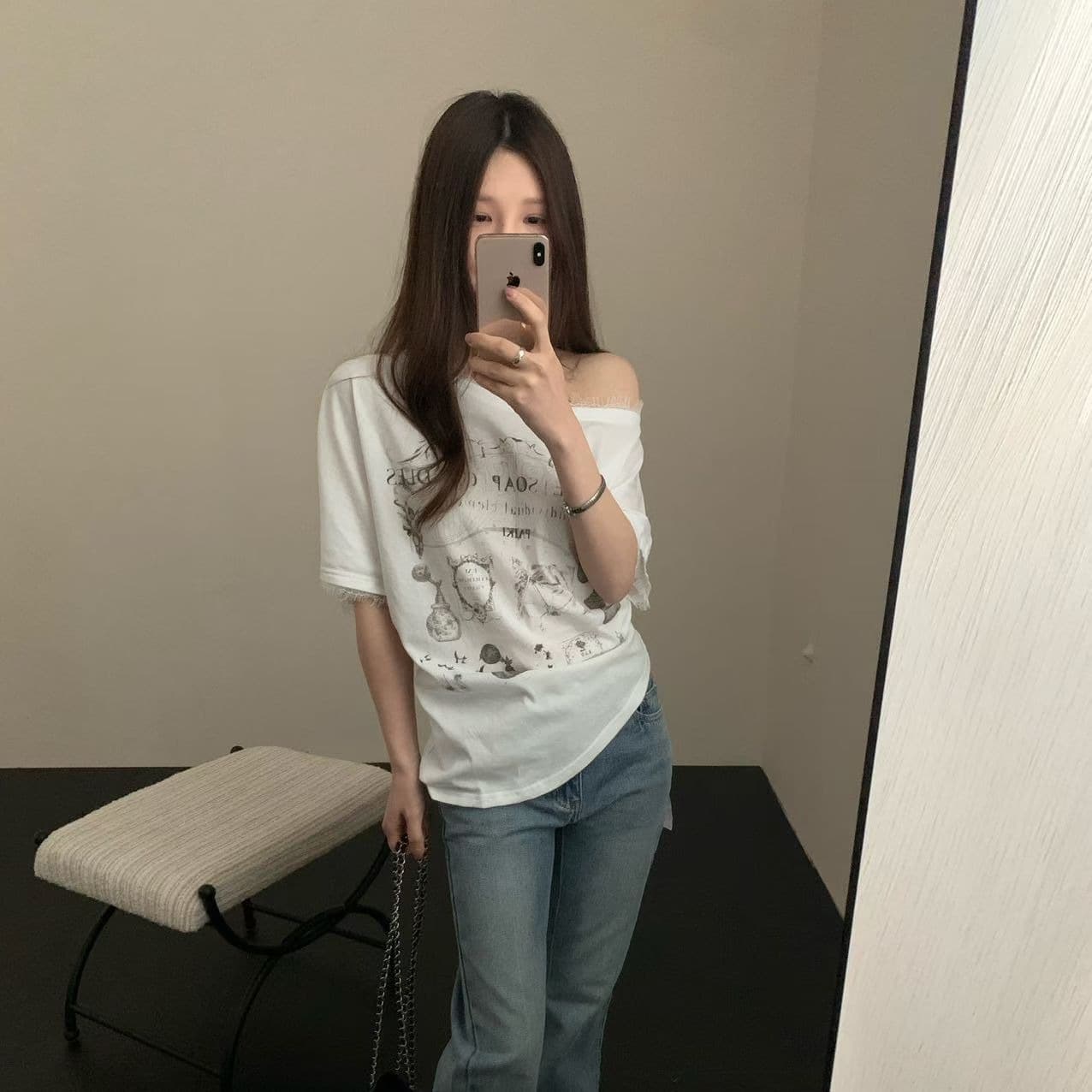 실사 26 여름 켜기 새로운 비스듬한 어깨 철자 레이스 가장자리 칼라 공예 프린트 다용도 맨위 반팔 티셔츠 이미지 6
