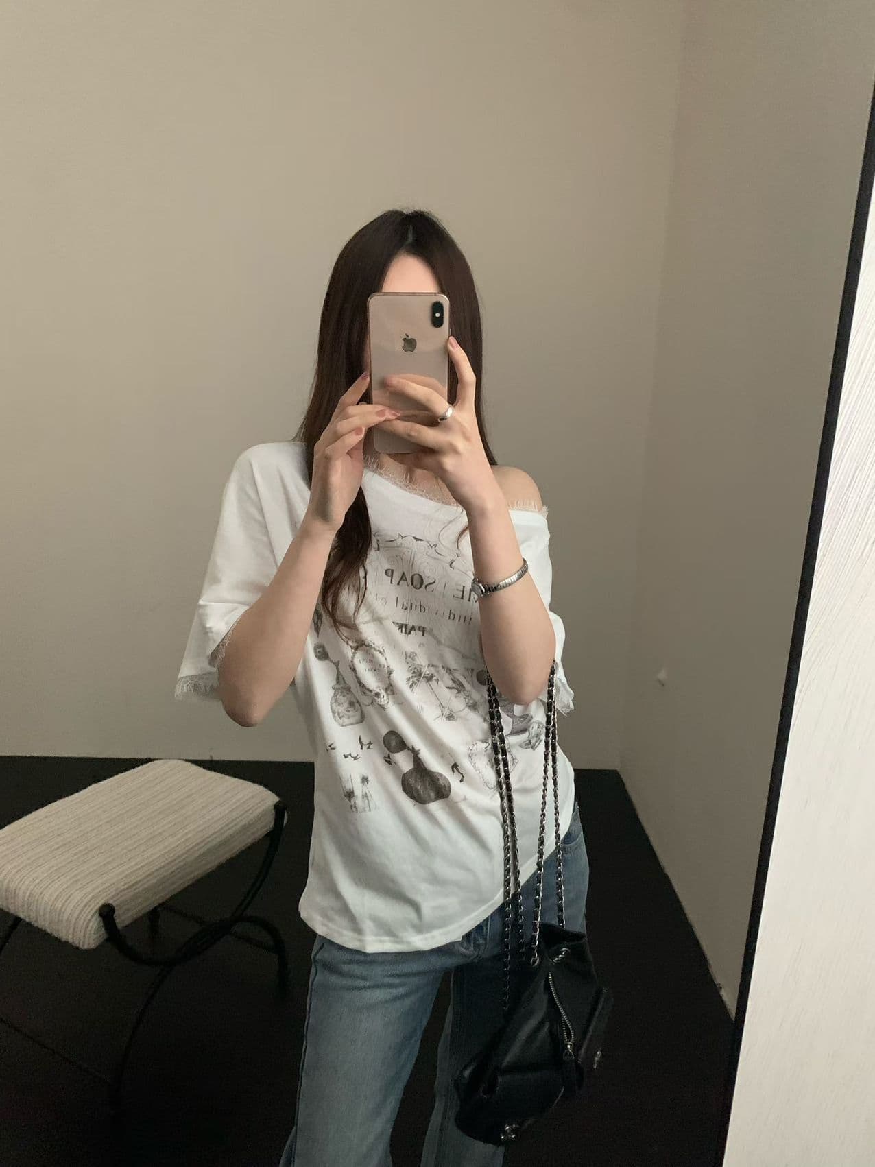 실사 26 여름 켜기 새로운 비스듬한 어깨 철자 레이스 가장자리 칼라 공예 프린트 다용도 맨위 반팔 티셔츠 상세 이미지 3
