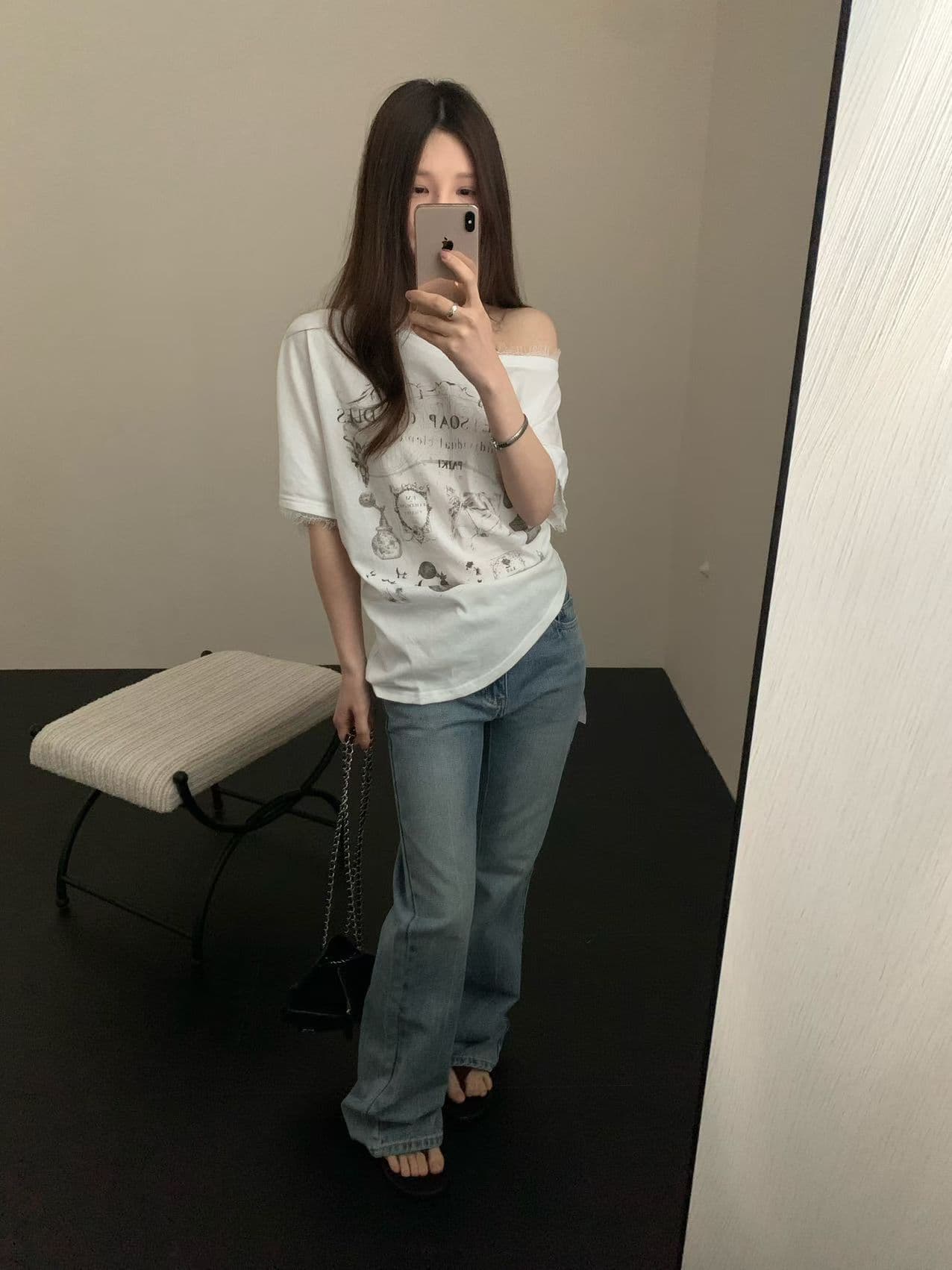 실사 26 여름 켜기 새로운 비스듬한 어깨 철자 레이스 가장자리 칼라 공예 프린트 다용도 맨위 반팔 티셔츠 상세 이미지 4