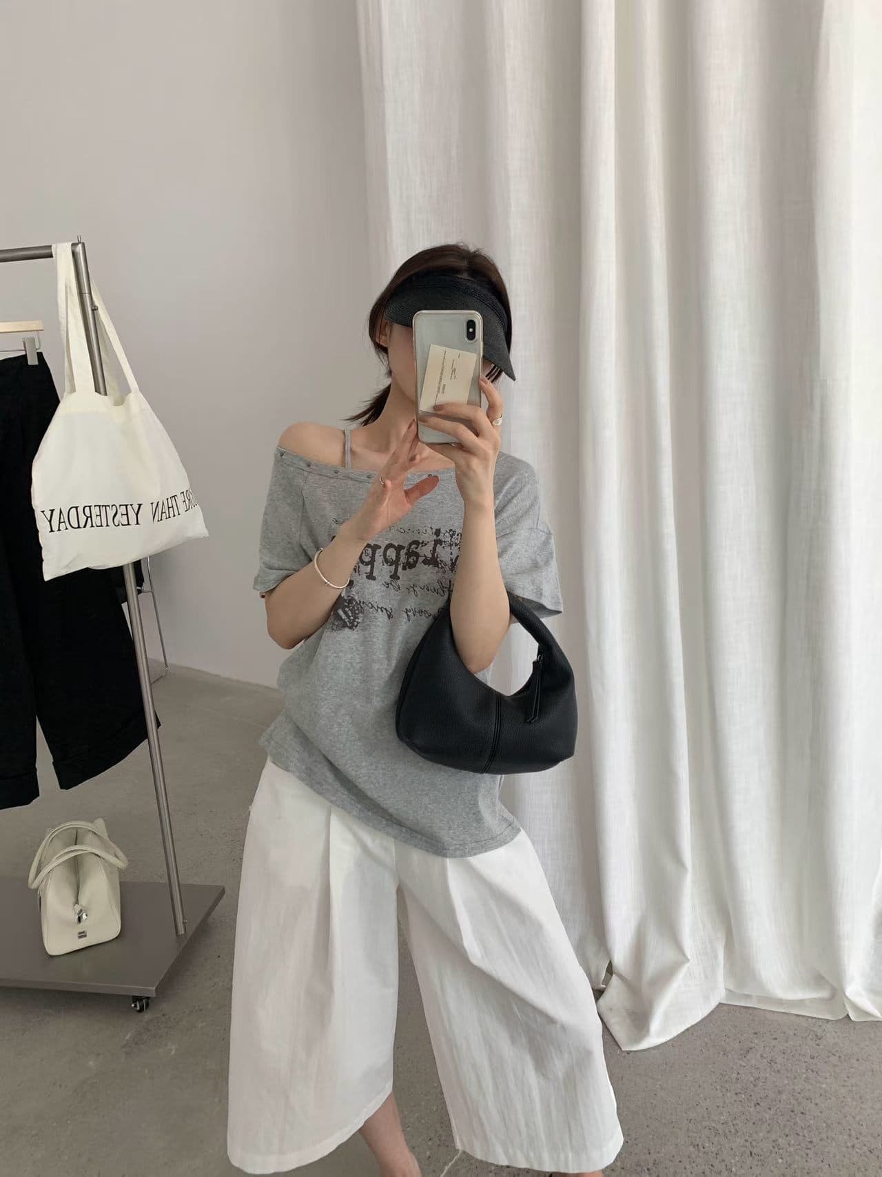 실사 26 여름 켜기 새로운 비스듬한 어깨 버드 나무 못 알파벳 프린트 반팔 티셔츠 상세 이미지 14