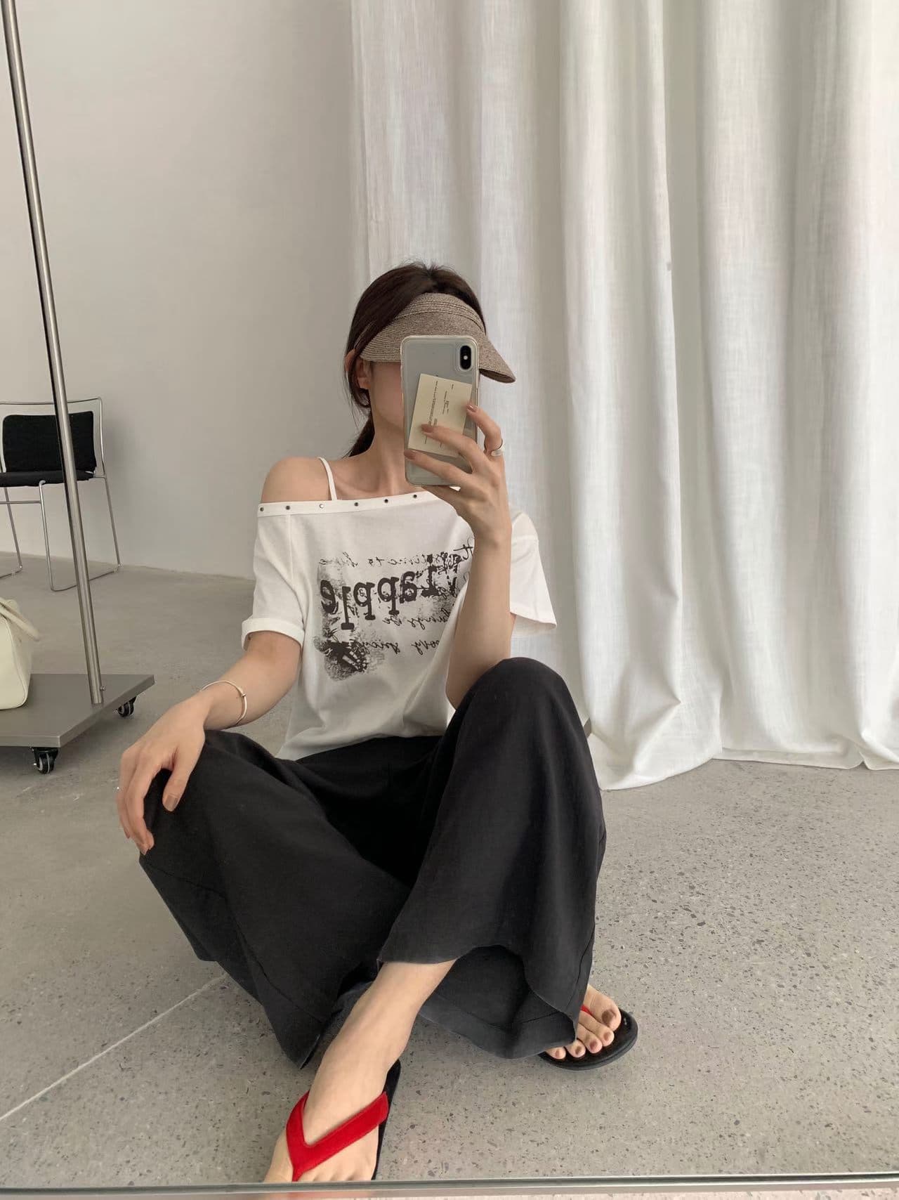 실사 26 여름 켜기 새로운 비스듬한 어깨 버드 나무 못 알파벳 프린트 반팔 티셔츠 상세 이미지 22