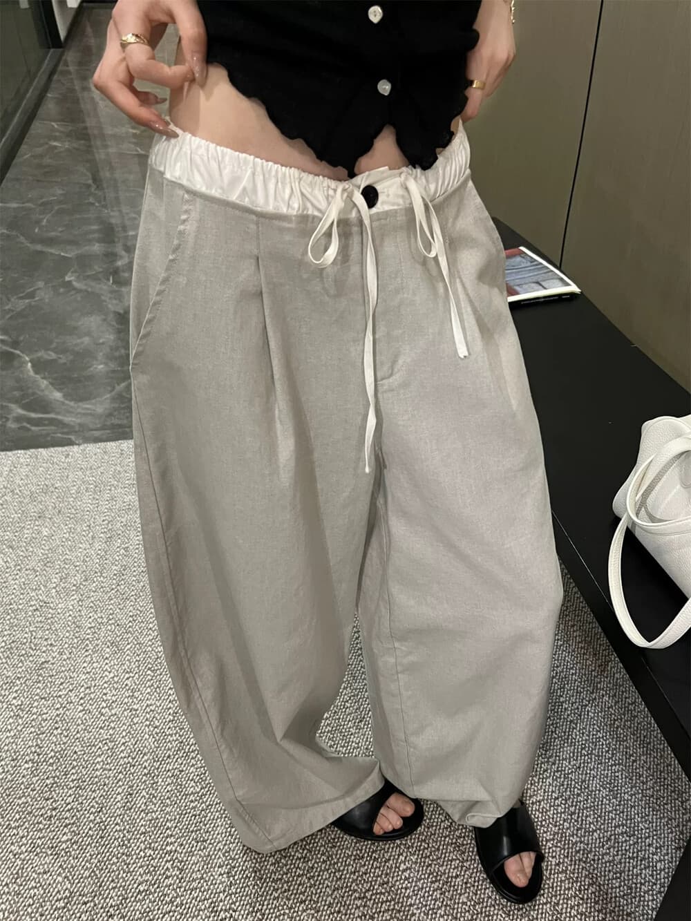 실사 여름 켜기 새로운 스트랩 오래된 돈 바람 느슨함 센스 배색 허리 머리 와이드 레그 팬츠 하이웨이스트 루즈핏 느긋한 바람 캐주얼 바지 상세 이미지 8