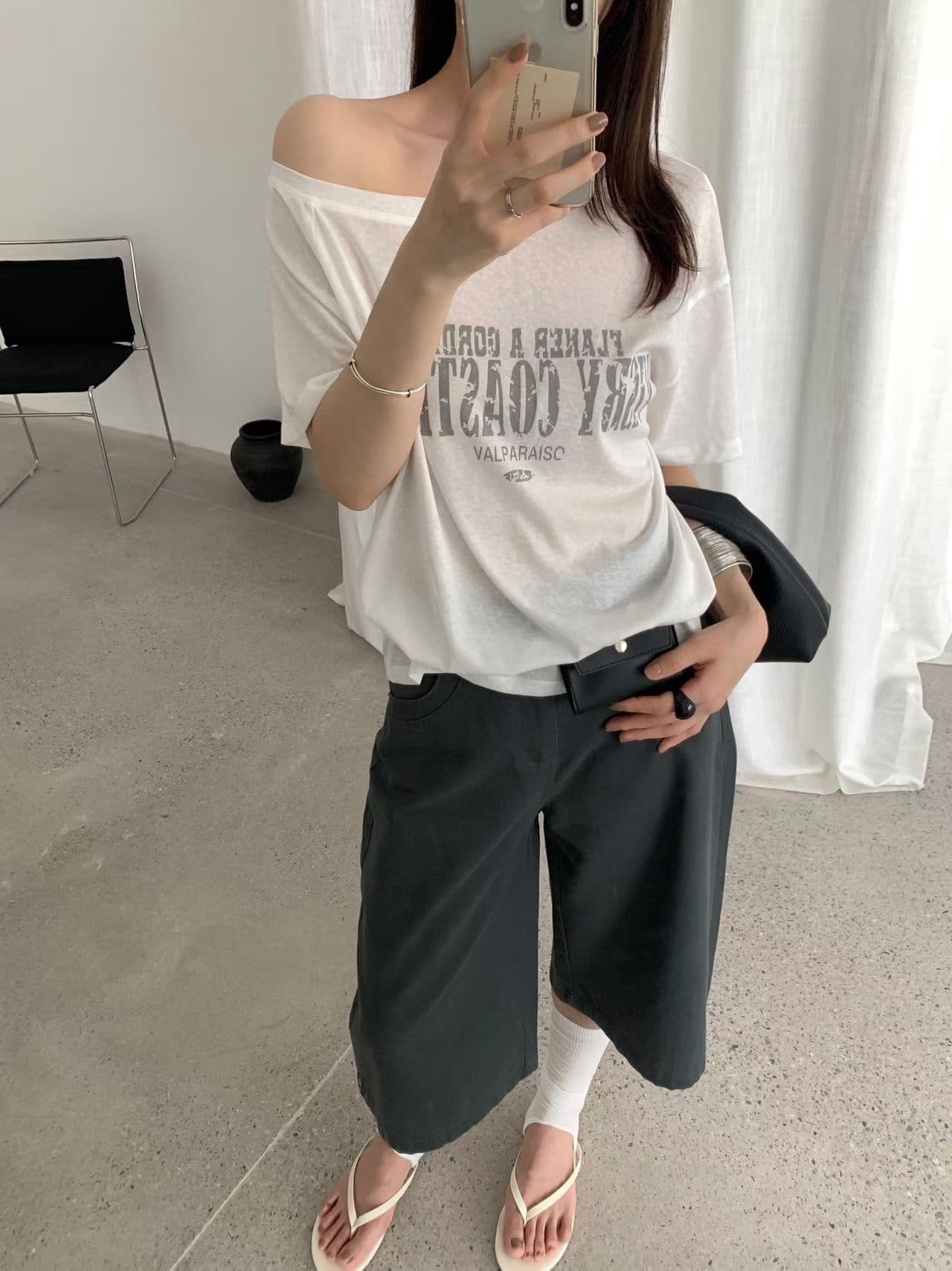 실사 26 여름 켜기 새로운 한국 스타일 ins 바람 보 주님 센스 비스듬한 어깨 의류 반팔 티셔츠 상세 이미지 5