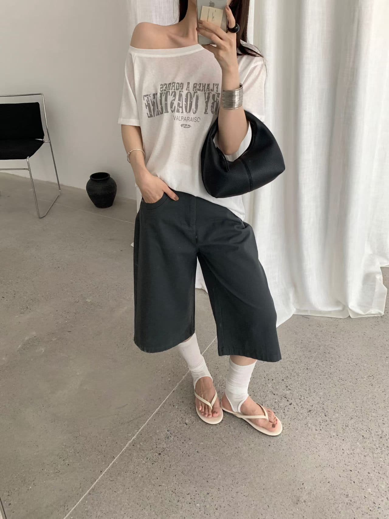 실사 26 여름 켜기 새로운 한국 스타일 ins 바람 보 주님 센스 비스듬한 어깨 의류 반팔 티셔츠 상세 이미지 8