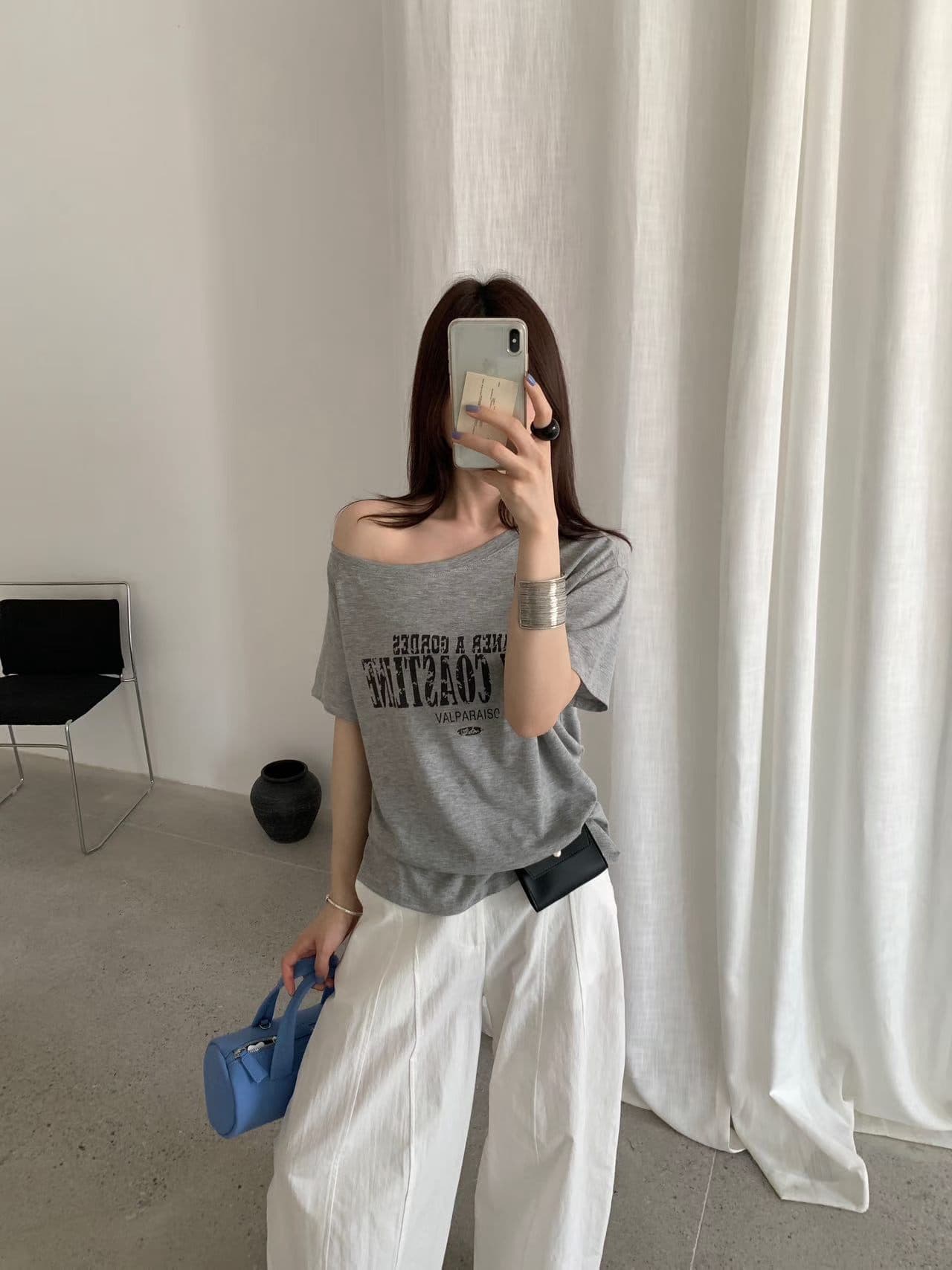 실사 26 여름 켜기 새로운 한국 스타일 ins 바람 보 주님 센스 비스듬한 어깨 의류 반팔 티셔츠 상세 이미지 9