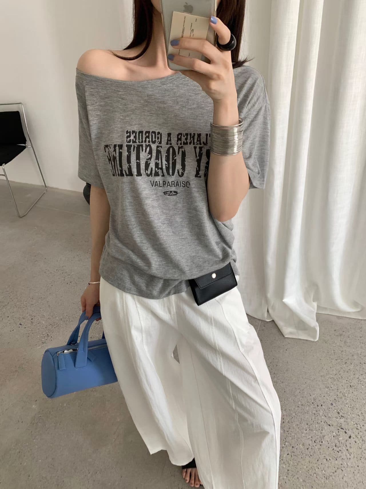 실사 26 여름 켜기 새로운 한국 스타일 ins 바람 보 주님 센스 비스듬한 어깨 의류 반팔 티셔츠 상세 이미지 11