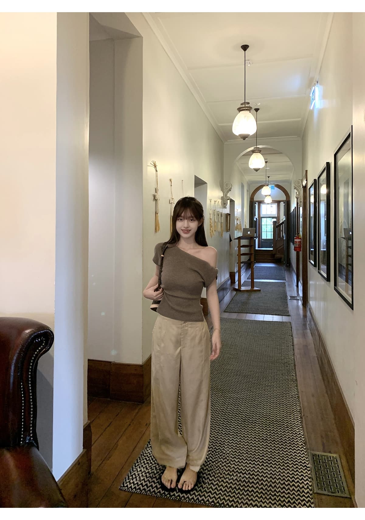 ppmaer 한여름 후아 남편 그리드 디자인 센스 비스듬한 칼라 반팔 티셔츠 여성 여름 품격 몸매 가꾸기 캐주얼 맨위 상세 이미지 16