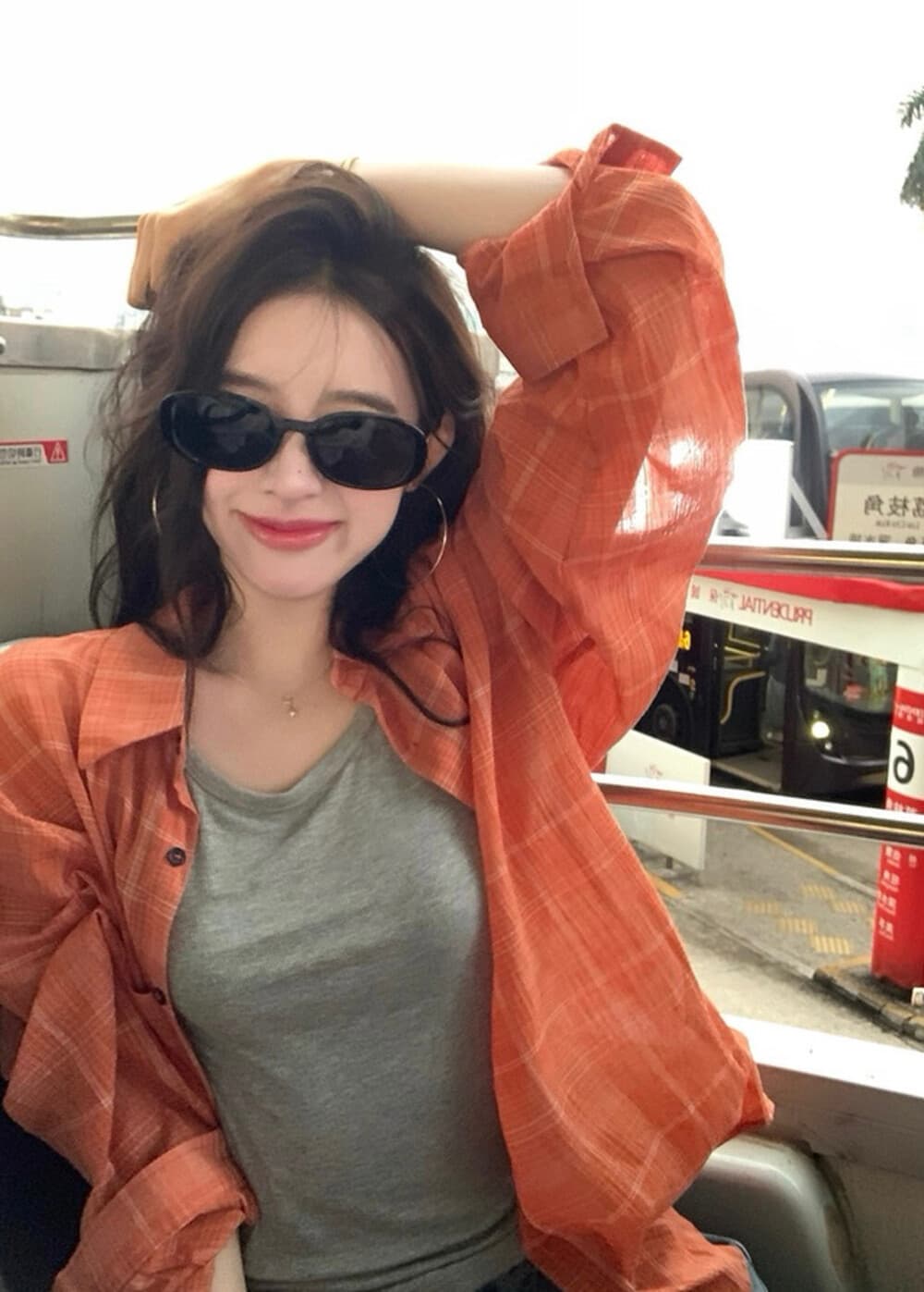 한국 격자 무늬 셔츠 두 조각 여성 세트 26 여름 외국 가스 긴팔 루즈핏 자외선 차단 셔츠 회색 조끼 세트 상세 이미지 7