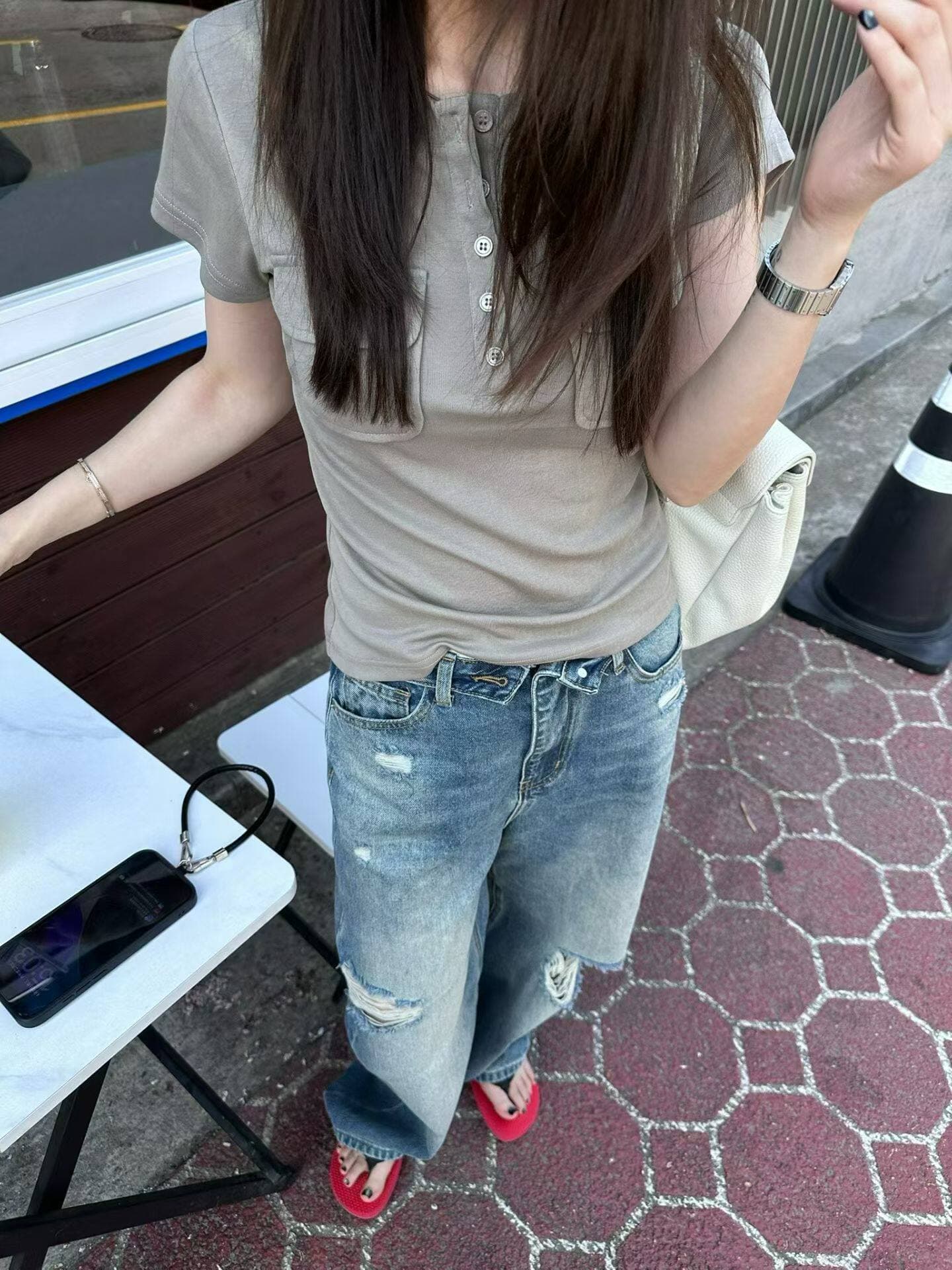2026 여름 새로운 한 부서 워크웨어 바람 주머니 반팔 티셔츠 여성 라운드 넥 다용도 루즈핏 슬림해 보이는 캐주얼 맨위 상세 이미지 16