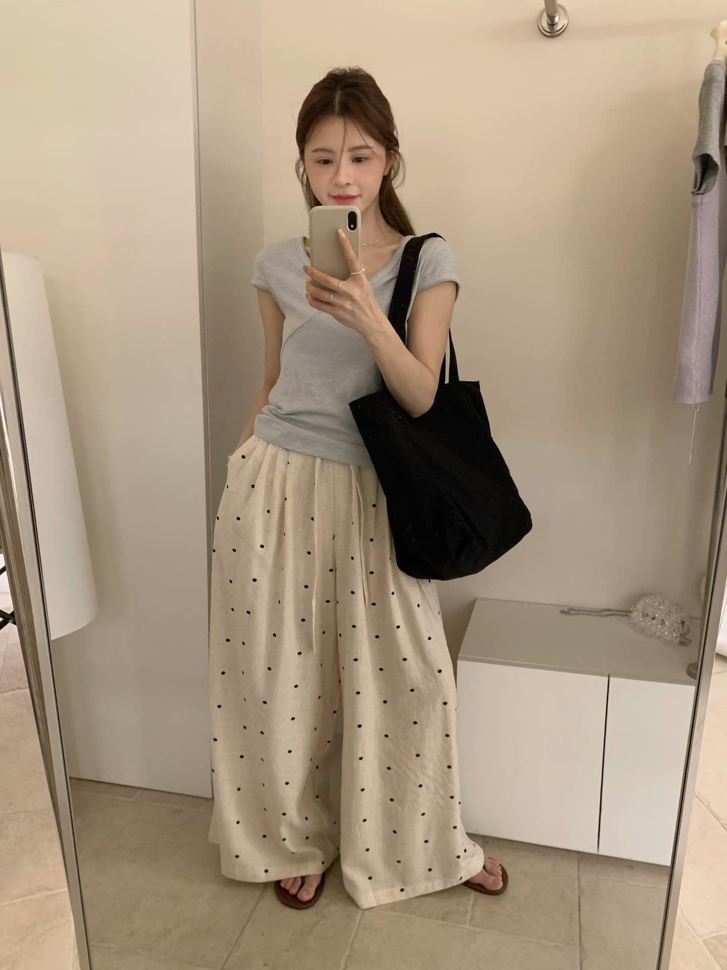 실사 여름 켜기 새로운 한 부서 연령 감소 도트 무늬 바지 허리밴드 펌프 로프 디자인 슈퍼 슬림해 보이는 캐주얼 바지 상세 이미지 11