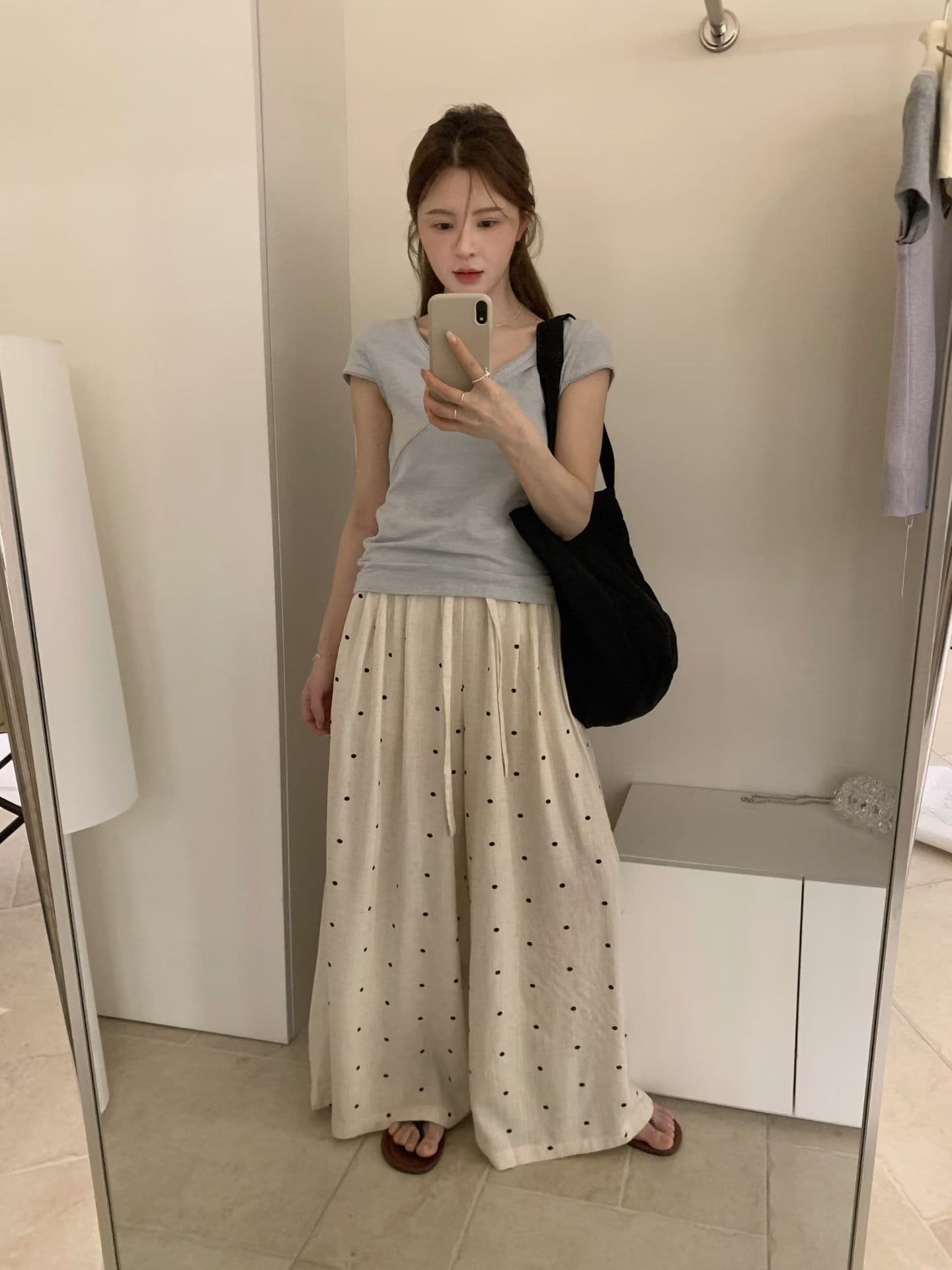실사 여름 켜기 새로운 한 부서 연령 감소 도트 무늬 바지 허리밴드 펌프 로프 디자인 슈퍼 슬림해 보이는 캐주얼 바지 상세 이미지 12