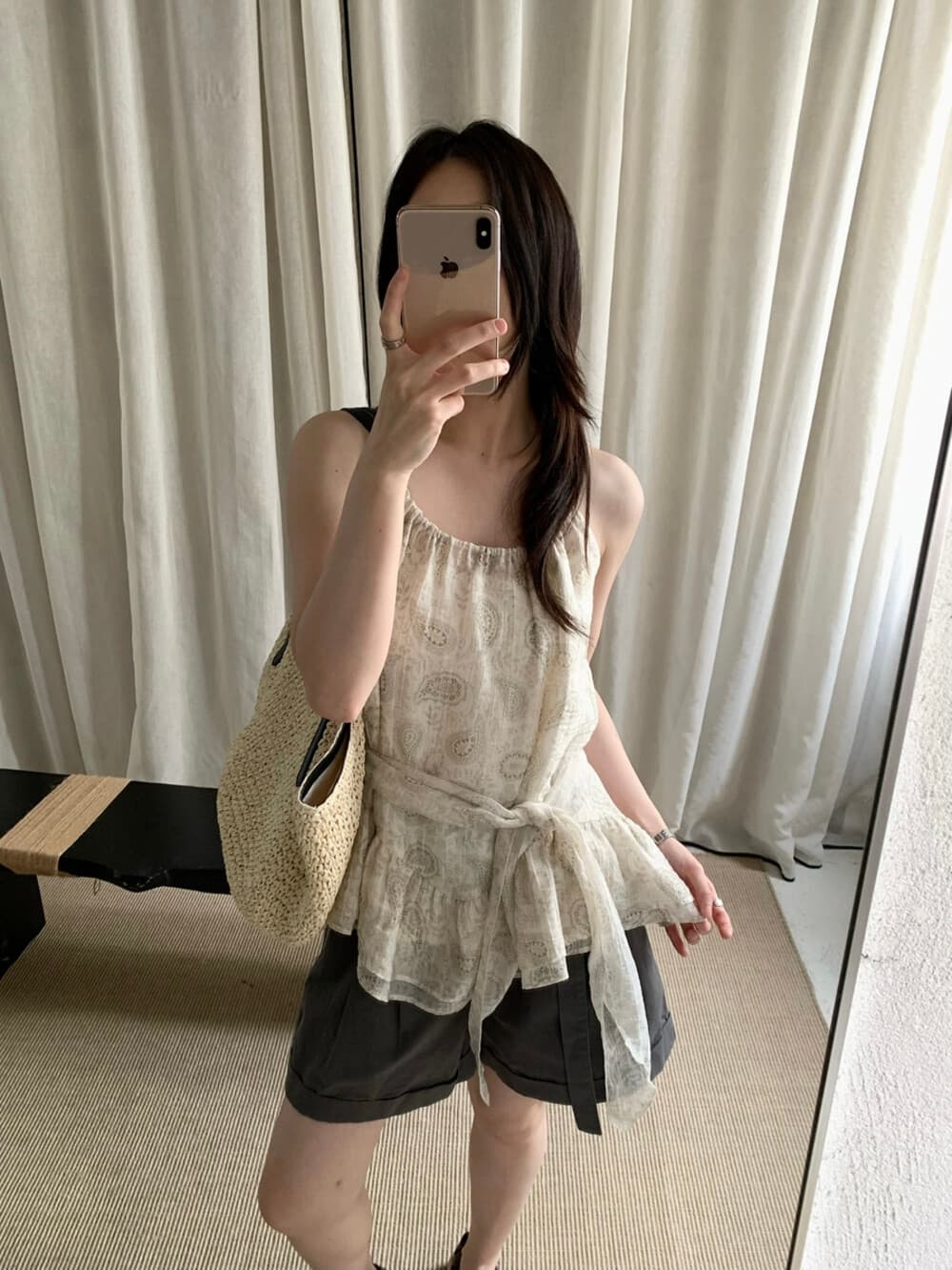 여행 필수 패션 레트로 무늬 캐미솔 가치가 없다. 리본 이미지 2