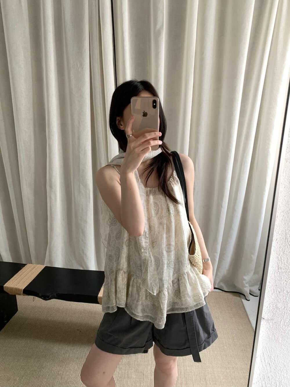 여행 필수 패션 레트로 무늬 캐미솔 가치가 없다. 리본 상세 이미지 5