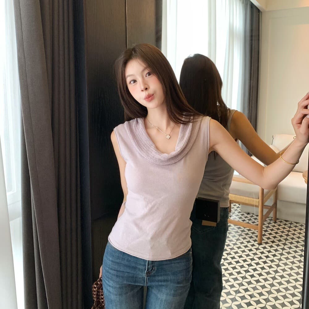 26 여름 켜기 새로운 신선함 여름 제한적 크림 색상 시스템 노크 잘 생긴 부드러운 말뚝 더미 칼라 캐주얼 니트 조끼 이미지 6