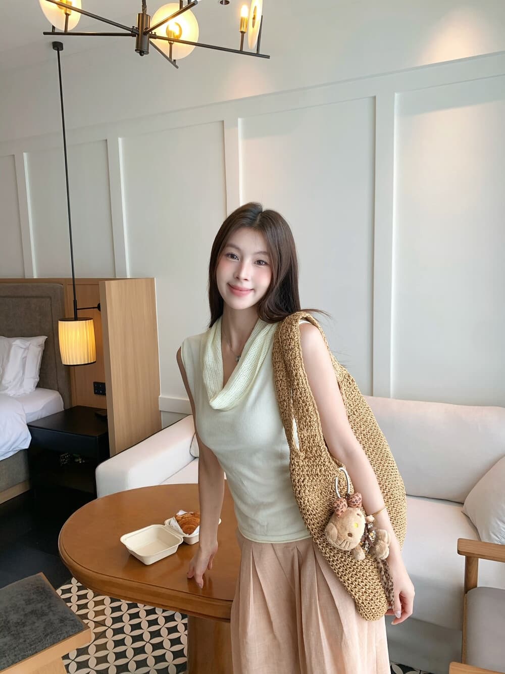 26 여름 켜기 새로운 신선함 여름 제한적 크림 색상 시스템 노크 잘 생긴 부드러운 말뚝 더미 칼라 캐주얼 니트 조끼 상세 이미지 4