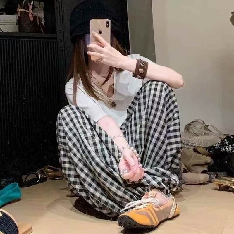 여름 켜기 새로운 밴딩 중 회색 작은 격자 랜턴 와이드 레그 팬츠 여름 수 있습니다. 조정 느슨함 편안한 긴 바지 캐주얼 바지 상세 이미지 3