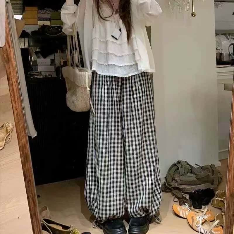 여름 켜기 새로운 밴딩 중 회색 작은 격자 랜턴 와이드 레그 팬츠 여름 수 있습니다. 조정 느슨함 편안한 긴 바지 캐주얼 바지 상세 이미지 4