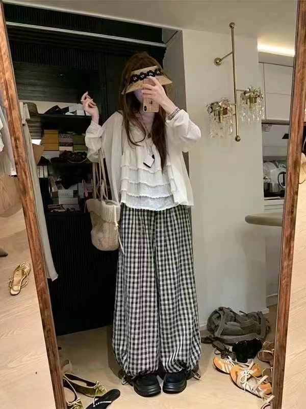 여름 켜기 새로운 밴딩 중 회색 작은 격자 랜턴 와이드 레그 팬츠 여름 수 있습니다. 조정 느슨함 편안한 긴 바지 캐주얼 바지 상세 이미지 5