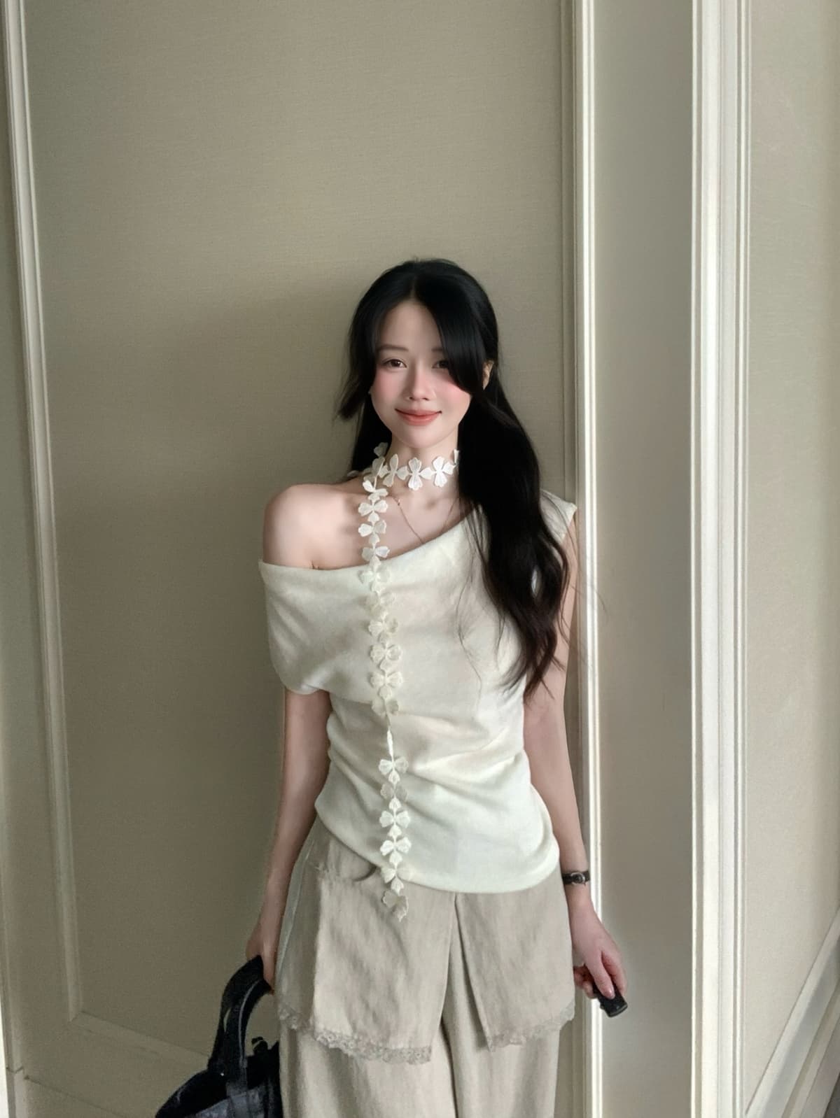 26 여름 켜기 새로운 닫힌 눈 입력 흔들다 칼라 수정 목 라인 3 차원 꽃잎 리본 니트 스웨터 경기 리본 상세 이미지 3