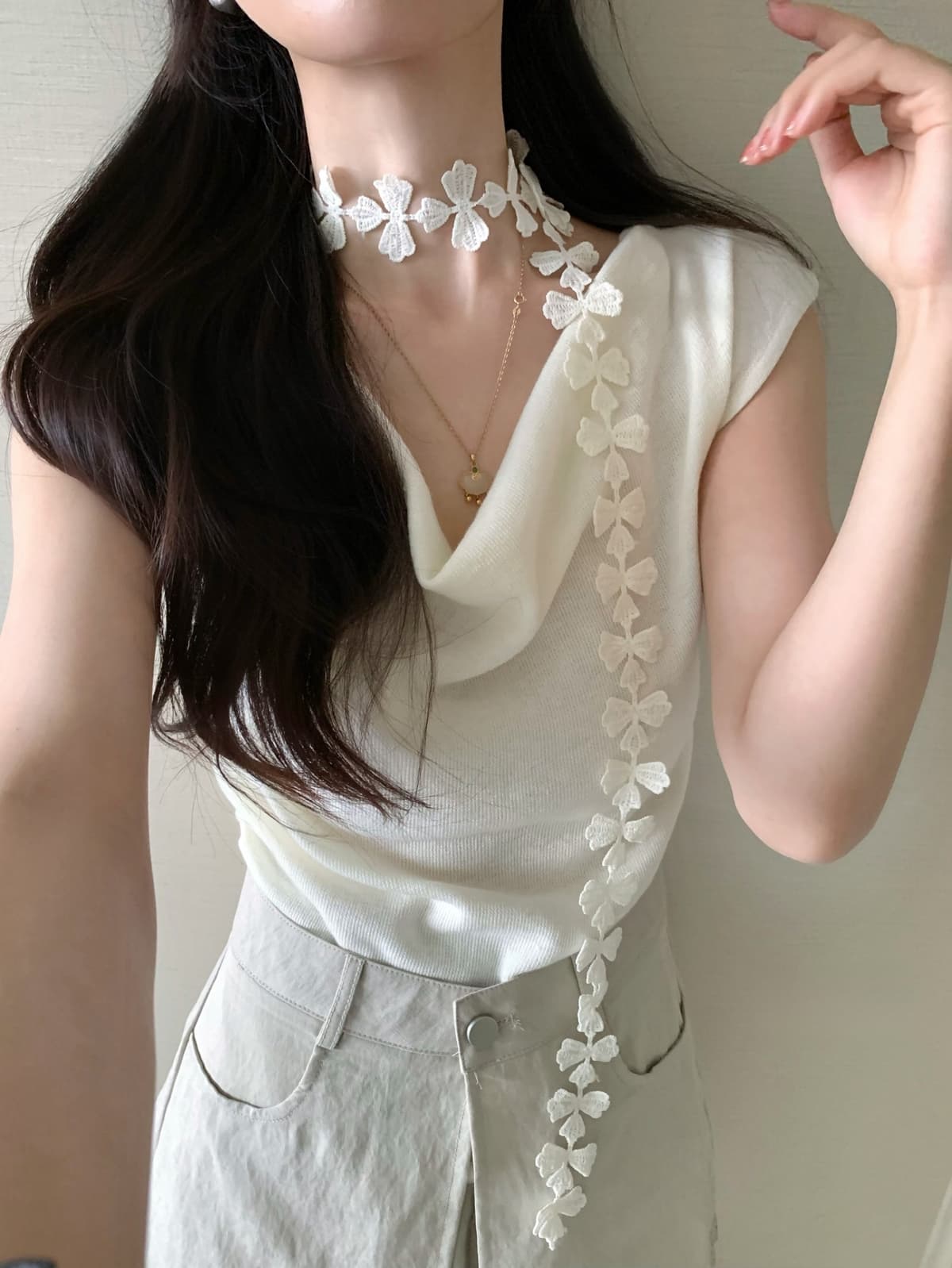 26 여름 켜기 새로운 닫힌 눈 입력 흔들다 칼라 수정 목 라인 3 차원 꽃잎 리본 니트 스웨터 경기 리본 상세 이미지 6