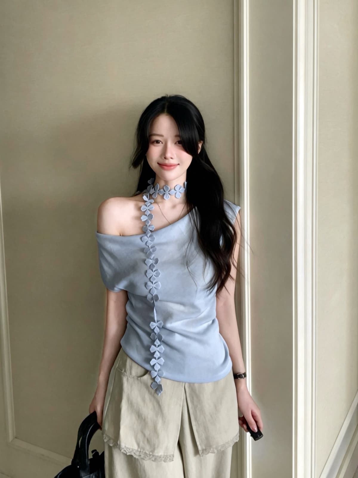 26 여름 켜기 새로운 닫힌 눈 입력 흔들다 칼라 수정 목 라인 3 차원 꽃잎 리본 니트 스웨터 경기 리본 상세 이미지 15